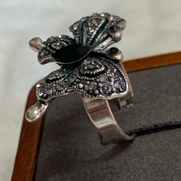 Rhinestones Marcasite Sterling Silver Plated Butterfly Adjustable Ring - Picture 6 of 8